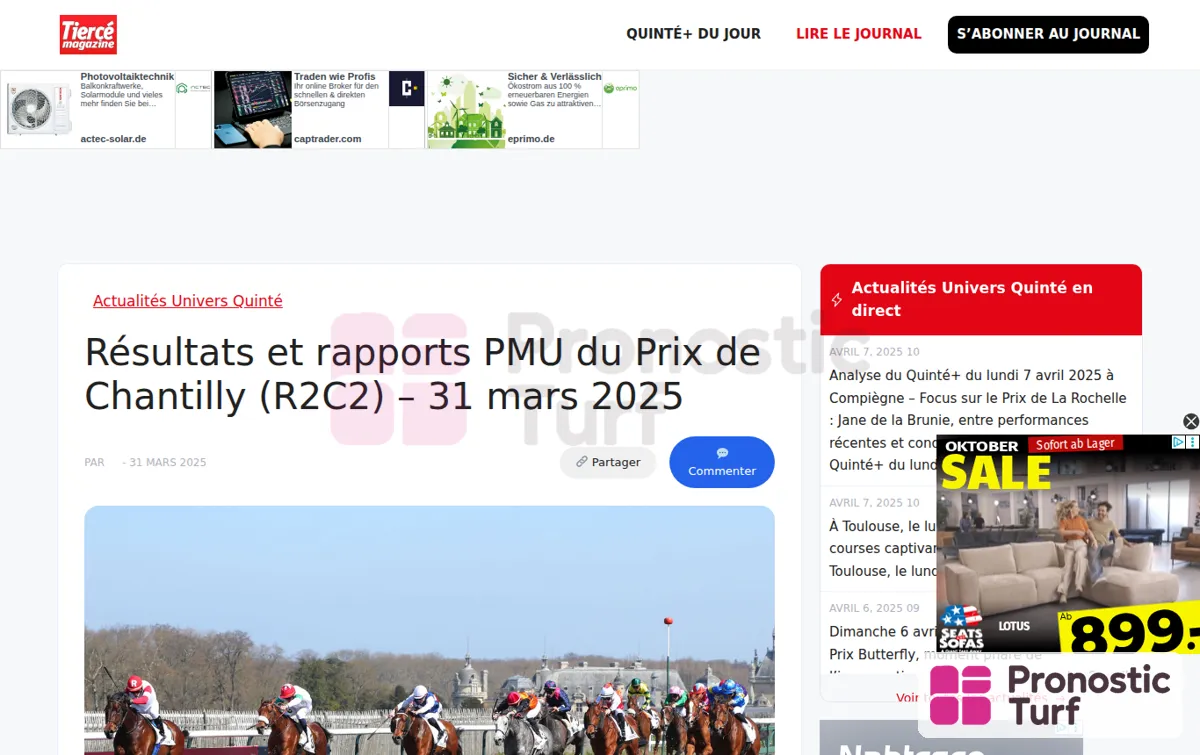 Capture : Résultats et rapports PMU du Prix de Chantilly (R2C2) - 31 mars 2025 Tierce Magazine